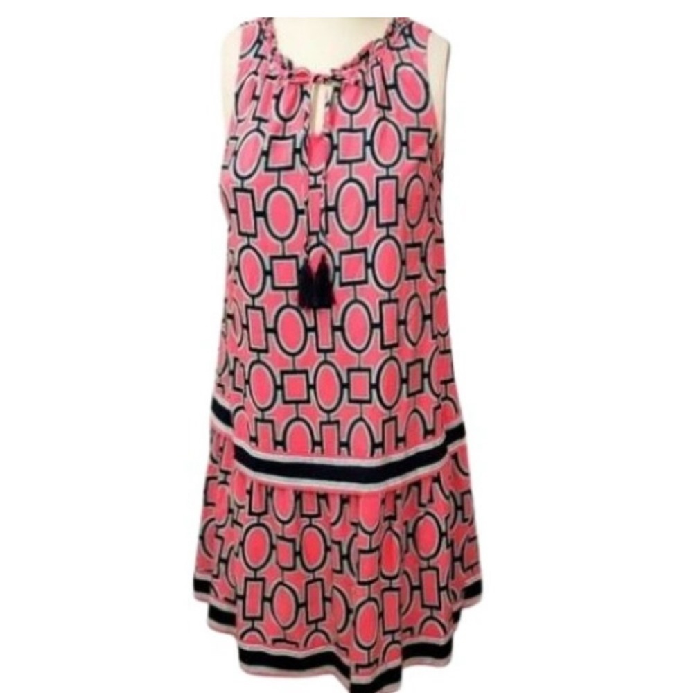 Crown & Ivy Womens Shift Dress Pink Navy Geometric Sleeveless Tassel SP